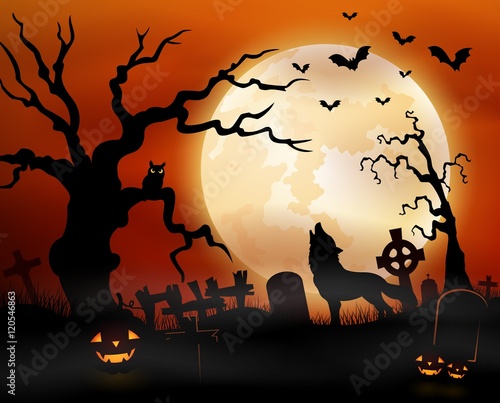 Halloween night background with wolf howling, pumpkins, owl on tree and full moon
