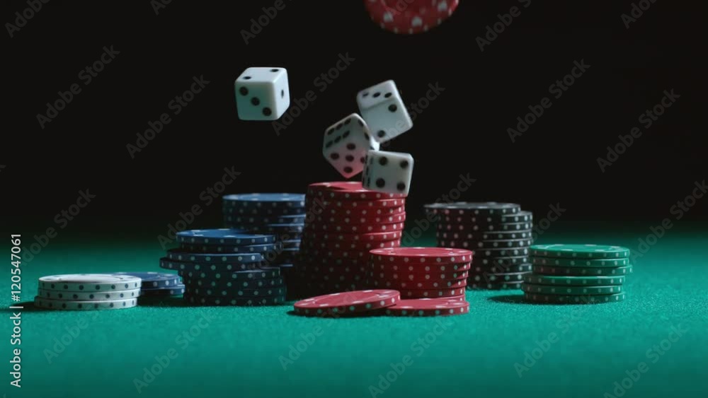 Dice and poker chips falling in slow motion; shot on Phantom Flex 4K at 1000 fps Dice and poker chips falling in slow motion; shot on Phantom Flex 4K at 1000 fps