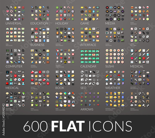 Large icons set, 600 vector pictogram of flat colored with shadows