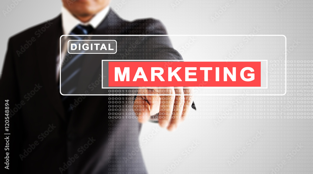 Businessman hand pressing on digital marketing screen Businessman hand pressing on digital marketing screen