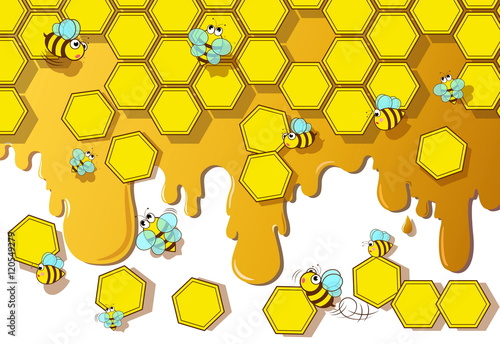 Fototapeta Naklejka Na Ścianę i Meble -  cute bee with honeycomb and honey in the background
