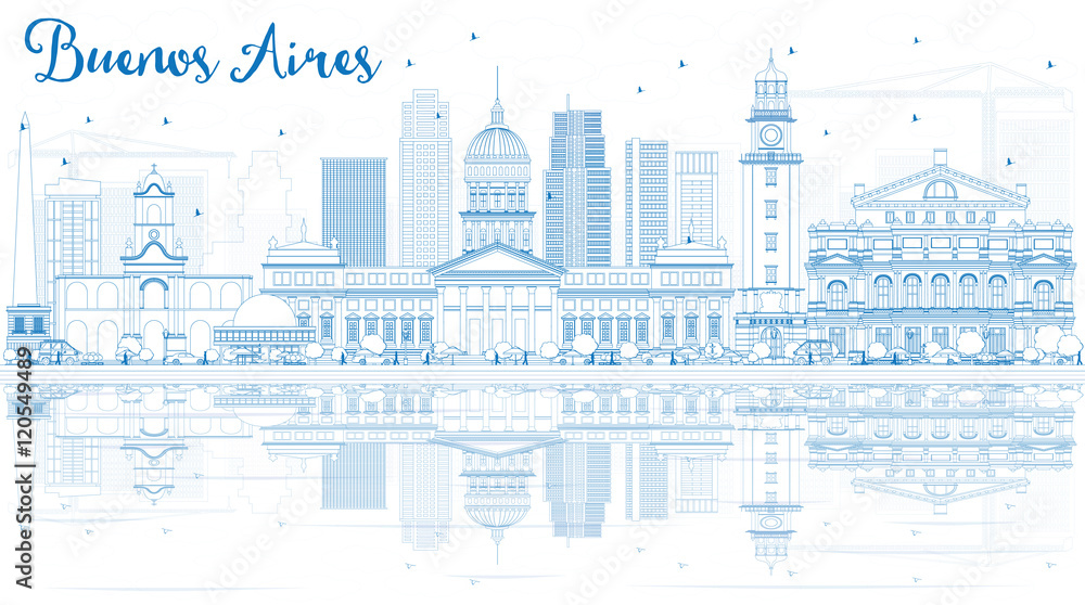 Outline Buenos Aires Skyline with Blue Landmarks and Reflections