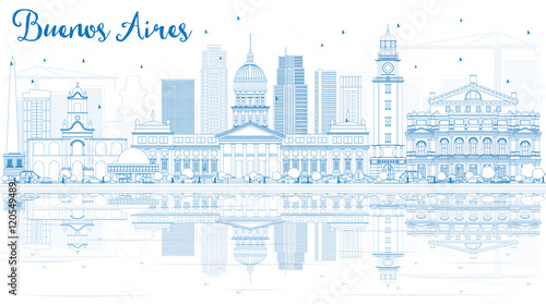 Outline Buenos Aires Skyline with Blue Landmarks and Reflections