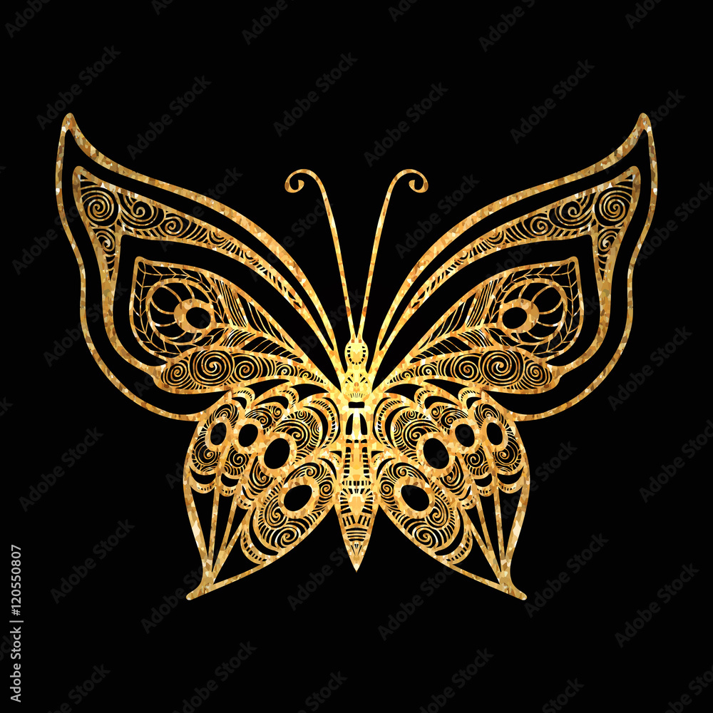 Gold decorative elegant patterned butterfly on black background Gold decorative elegant patterned butterfly on black background
