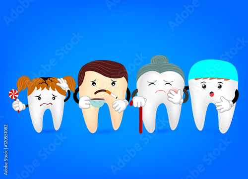 Concept of problematic teeth with dentist . Funny  illustration. cartoon tooth problem  with candy, coffee and smoke. great for dental care and teeth whitening and bleaching concept.