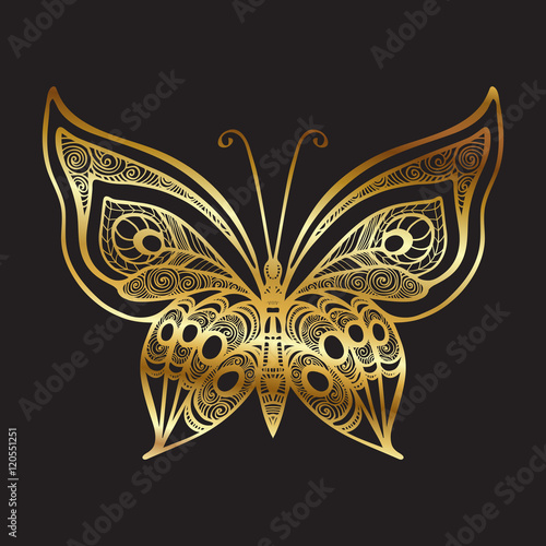 Gold decorative elegant patterned butterfly on black background