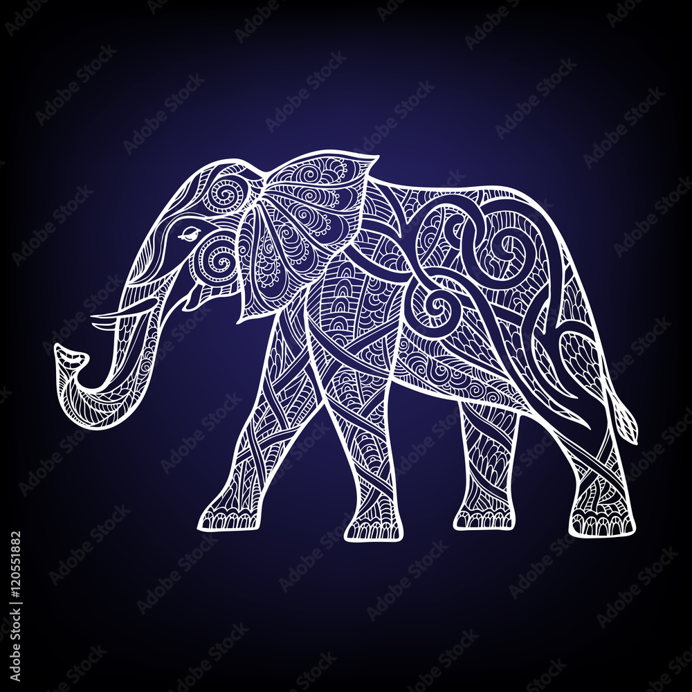 Fototapeta premium Decorative patterned white elephant on black background
