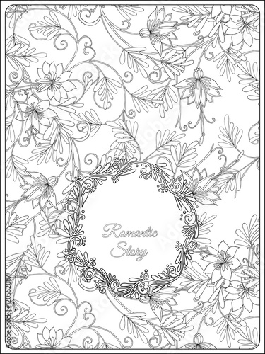 Fototapeta Naklejka Na Ścianę i Meble -  Adult Coloring page with vintage floral pattern and space for text.