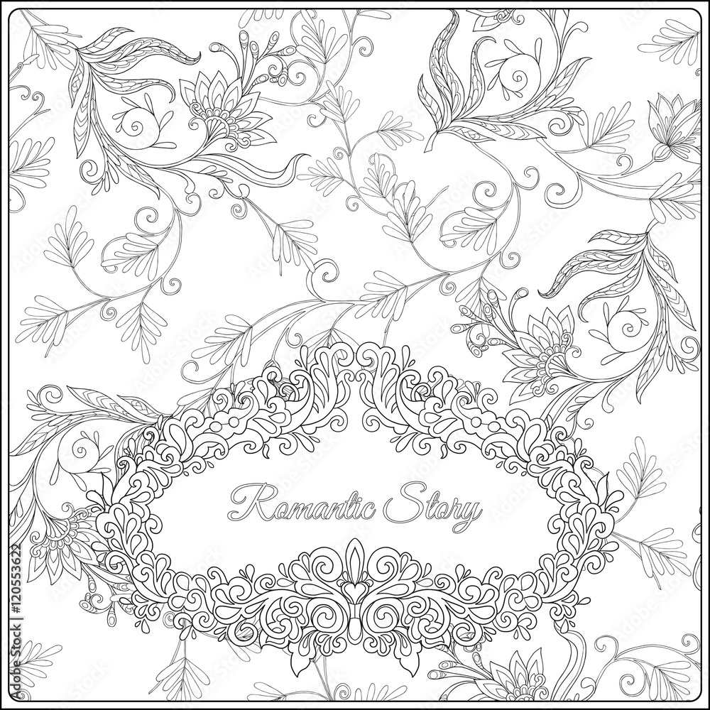 Coloring page for adult. Vintage floral pattern with space for text.