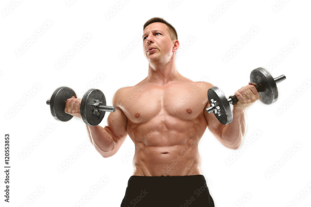 Strong athletic man on white background.