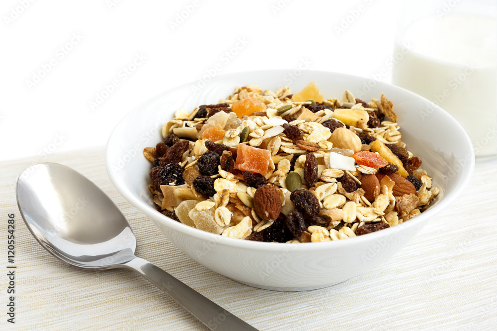 Breakfast bowl of fruit and nut muesli with milk and spoon. Breakfast bowl of fruit and nut muesli with milk and spoon.