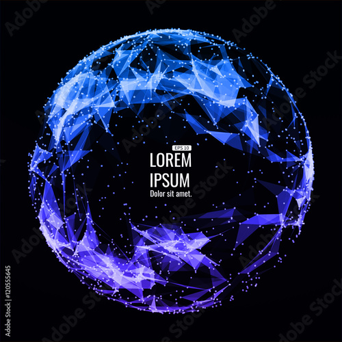 Abstract 3d Illuminated distorted Mesh Sphere . Neon Sign . Futuristic Technology HUD Element . Elegant Destroyed . Big data visualization .