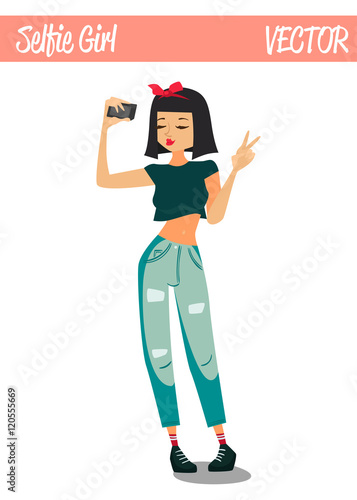 Brunette Selfie Girl Cartoon Character Illustration Holding a Smartphone, Taking a Picture of Herself and Wearing Casual Clothes: Crop Top and Jeans, Duck Face Selfie