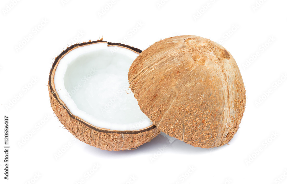 Closeup half of brown coconut shell on white background