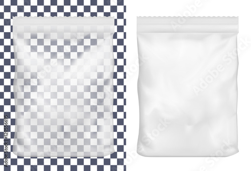 Transparent plastic or paper washing powder packaging. Sachet fo