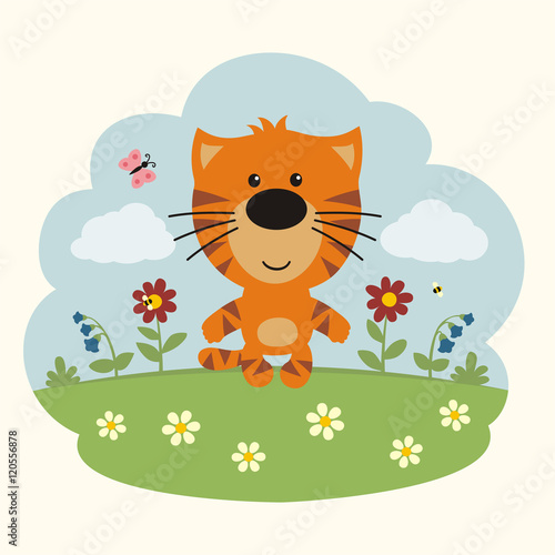 Fototapeta Naklejka Na Ścianę i Meble -  Cartoon tiger. Funny little tiger on flower field.
