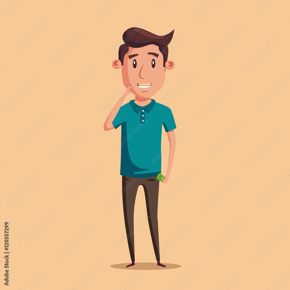 Man thinking of choice. Money for spending. Vectro cartoon illustration Man thinking of choice. Money for spending. Vectro cartoon illustration