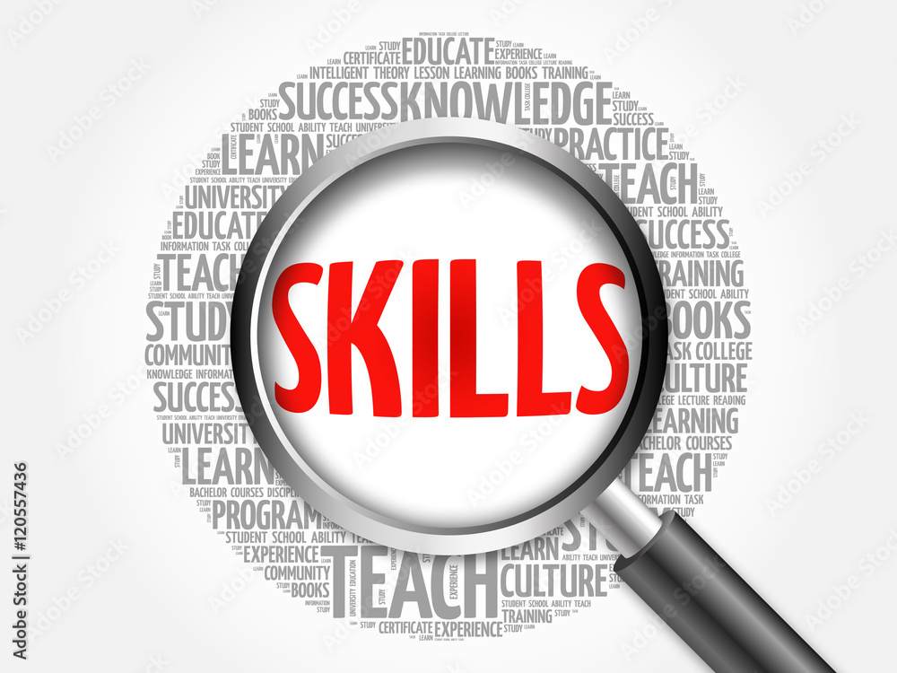SKILLS word cloud with magnifying glass, concept 3D illustration SKILLS word cloud with magnifying glass, concept 3D illustration