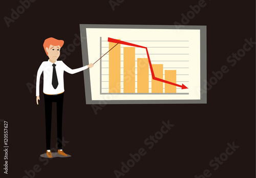 flat cartoon vector illustration of young business man making presentation by point at disappointed sales loss graph bar chart  going down in front of whiteboard. poor economy concept