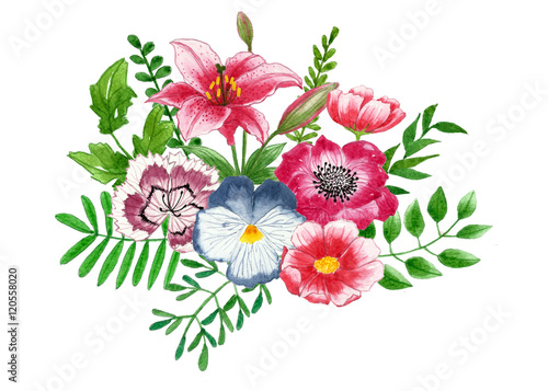 Bouquet of flowers and leaves, Floral watercolor painting on isolate backgrounds.