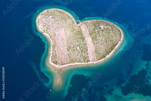 Aerial view of the heart shaped Galesnjak island on the Adriatic coast of Croatia