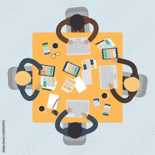 Modern vector illustration concept of teamwork analyzing project on business meeting brainstorming.