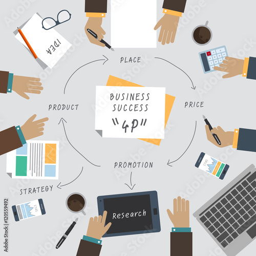 Modern vector illustration concept of teamwork analyzing project on business meeting brainstorming. Business success