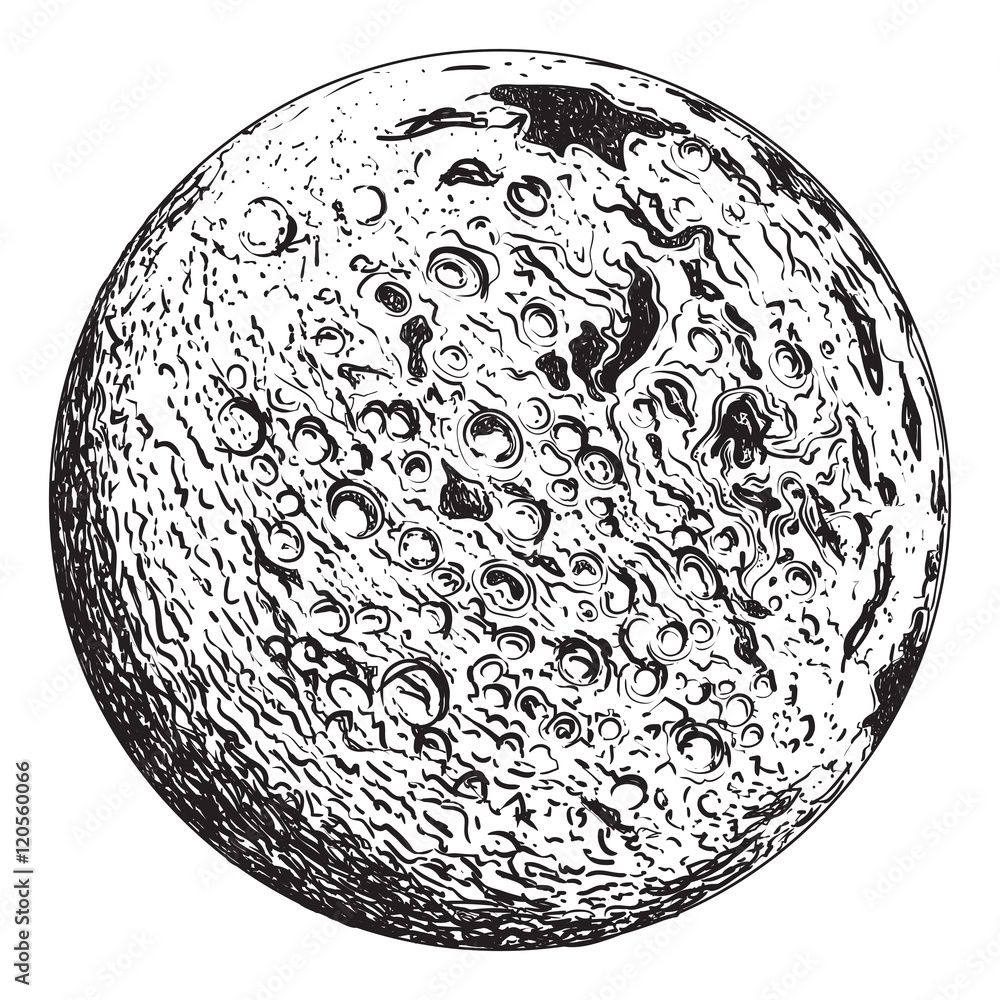 Fototapeta premium Planeta pełni księżyca z kraterami księżycowymi. Vintage ręcznie rysowane ilustracji wektorowych