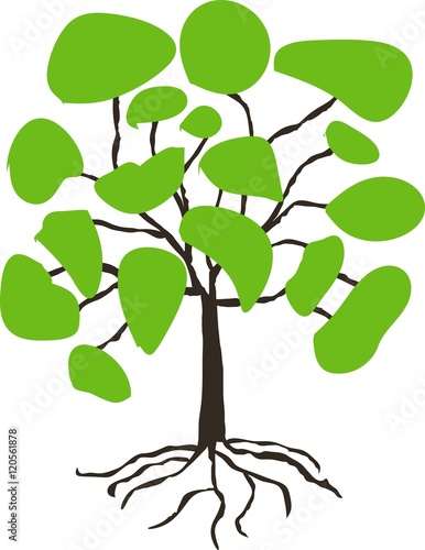 Stylised hand drawn tree with green crown on white, vector illustration