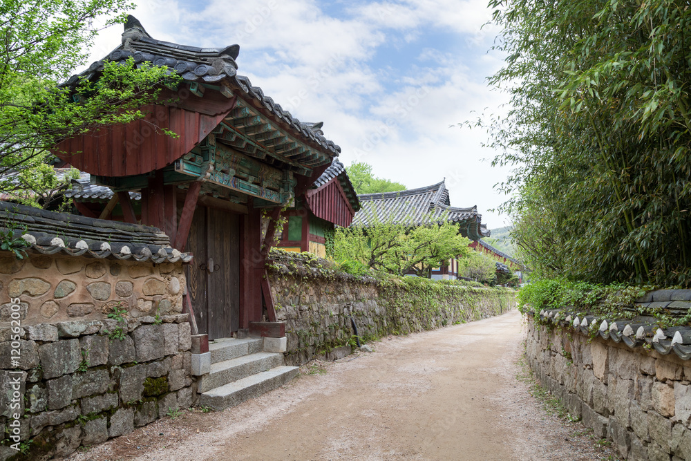 Alley, buildings and trees at the Beomeosa Temple in Busan, South Korea.