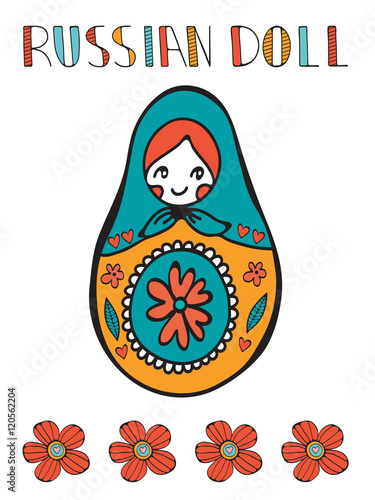 Colorful card with cute russian doll