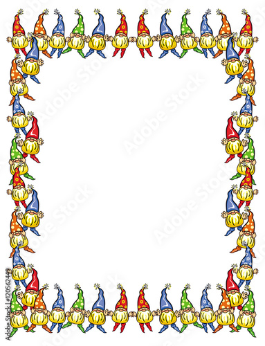 Vector frame with cute gnomes in colorful caps. Funny background for decorations, greetings cards and other design artworks.
