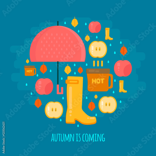Autumn rain composition in flat style.  Fall illustration with umbrella, hot coffe and rubber boots. Vector flat style concept.