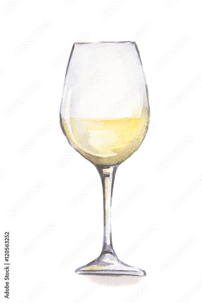 Watercolor white wine glass. Beautiful and elegant glass with alcoholic beverage. Art for menu decoration.