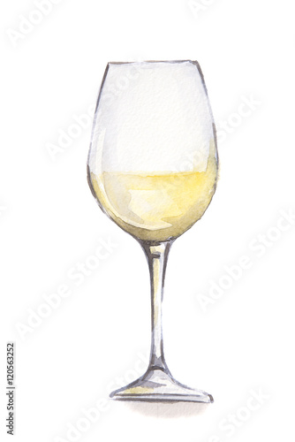 Watercolor white wine glass. Beautiful and elegant glass with alcoholic beverage. Art for menu decoration.