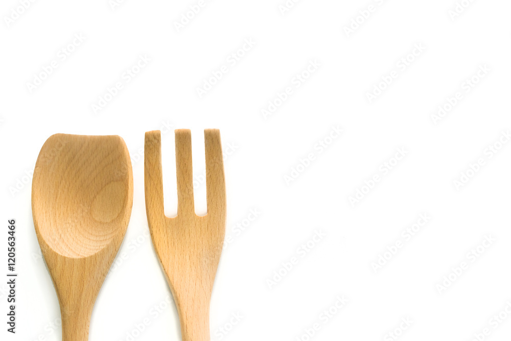 Wooden kitchen spoon and fork on white background isolate with c Wooden kitchen spoon and fork on white background isolate with c