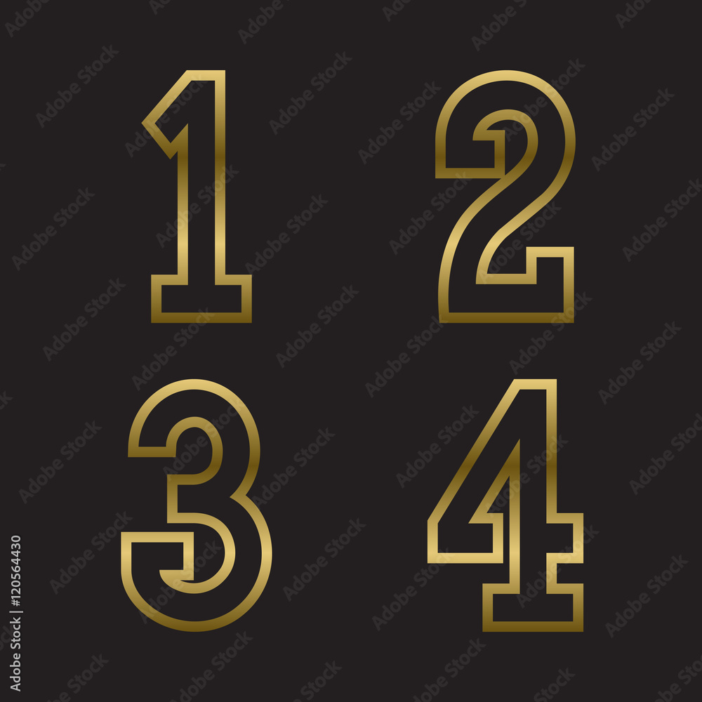 One, two, three, four gold stamped numbers. Trendy and stylish golden font. One, two, three, four gold stamped numbers. Trendy and stylish golden font.