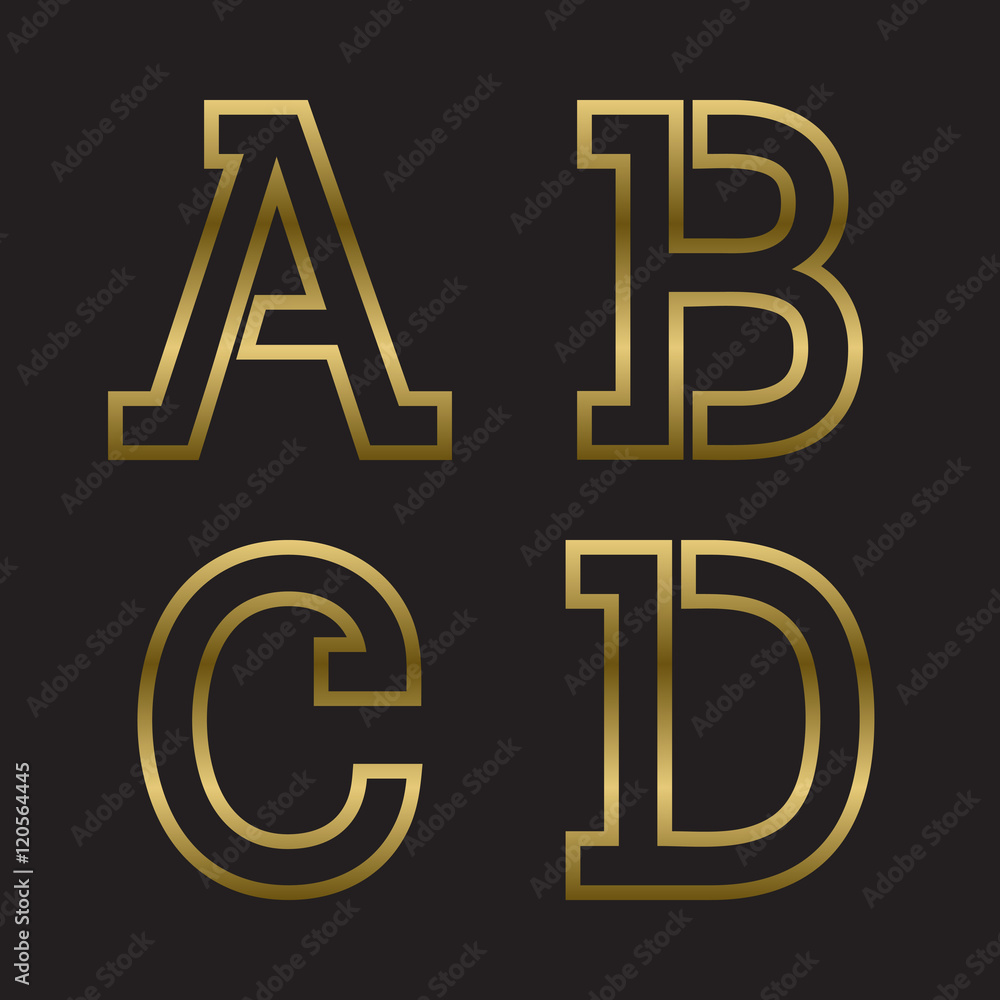 A, B, C, D gold stamped letters. Trendy and stylish golden font. A, B, C, D gold stamped letters. Trendy and stylish golden font.