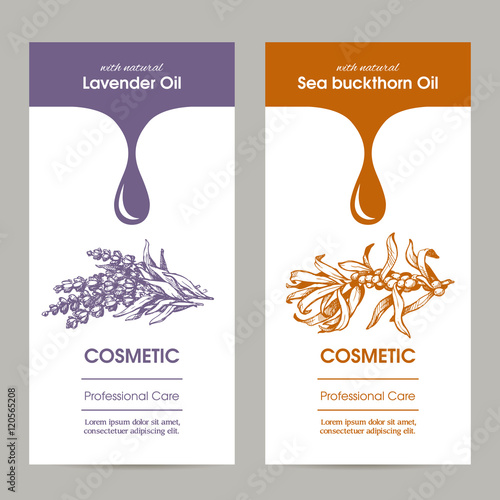 Vector set packaging design for cosmetic with sketch illustration of lavender an
