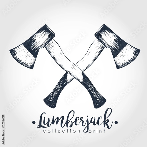 Vector hand drawn logo of two crossed axes. Lumberjack print collection. Vintage engraved art.