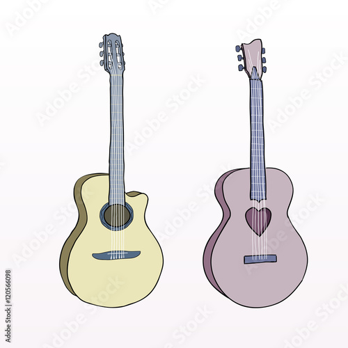 Hand drawn line acoustic classic guitar. Colorful guitar instrument