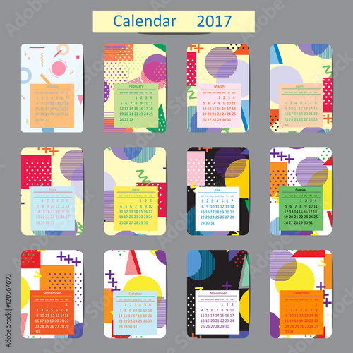 Calendar 2017. Patterns with geometric backgrounds. Vector. Isol