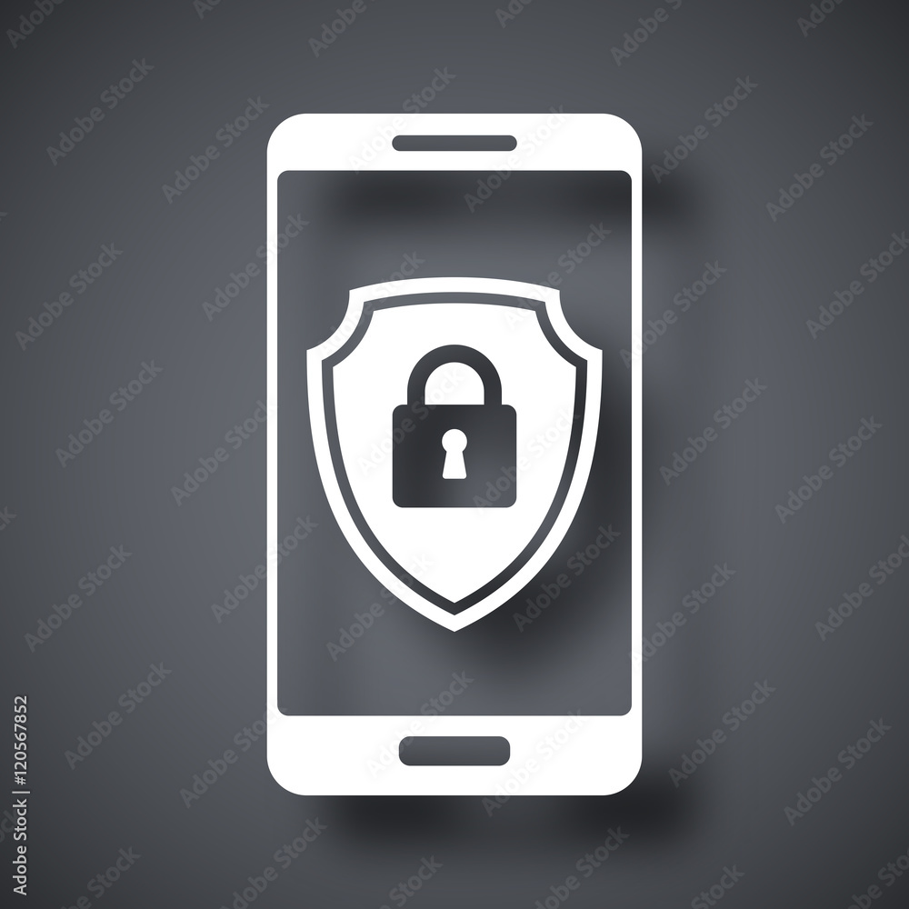Vector Smartphone icon with a protective shield symbol on a screen. Simple icon on a dark gray background Vector Smartphone icon with a protective shield symbol on a screen. Simple icon on a dark gray background