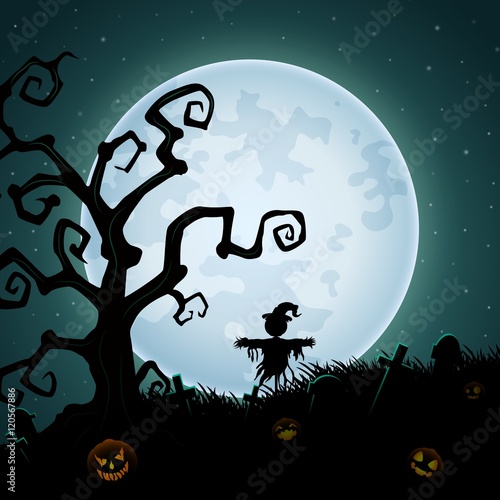 Halloween background with scary scarecrow on the full moon