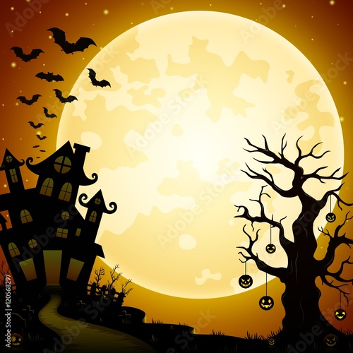 Halloween haunted castle with bats and pumpkins hanging on trees