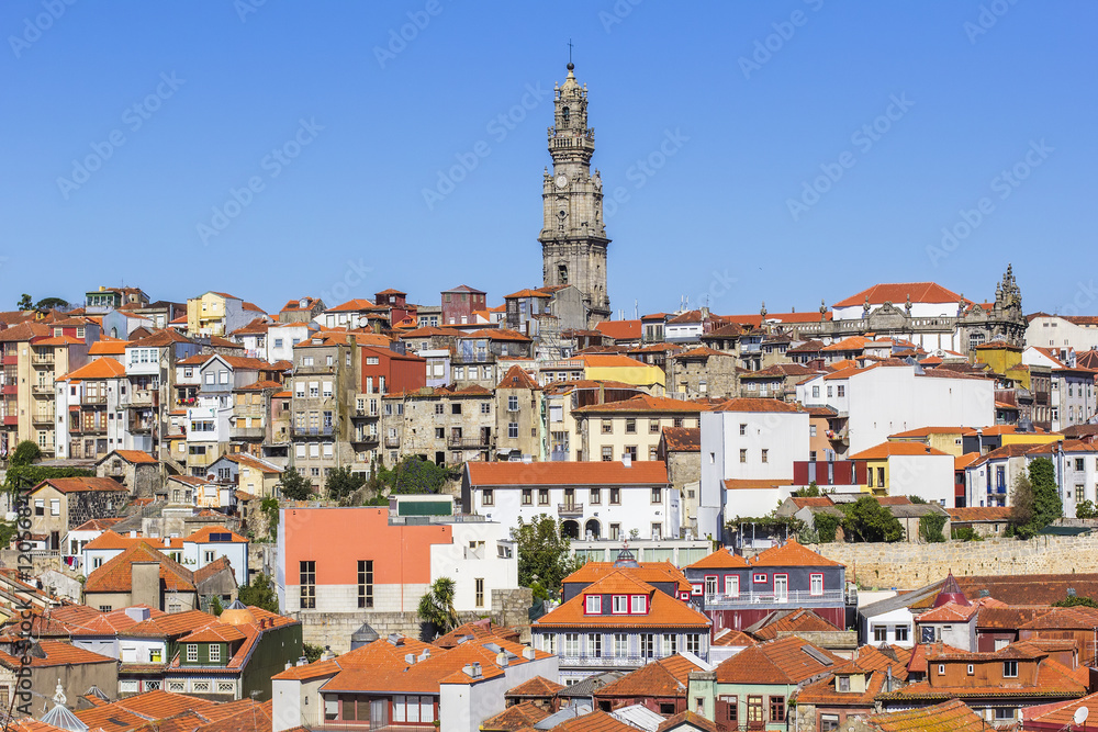 background panoramic landscape view of the buildings and roofs of the old town of Porto, Portugal