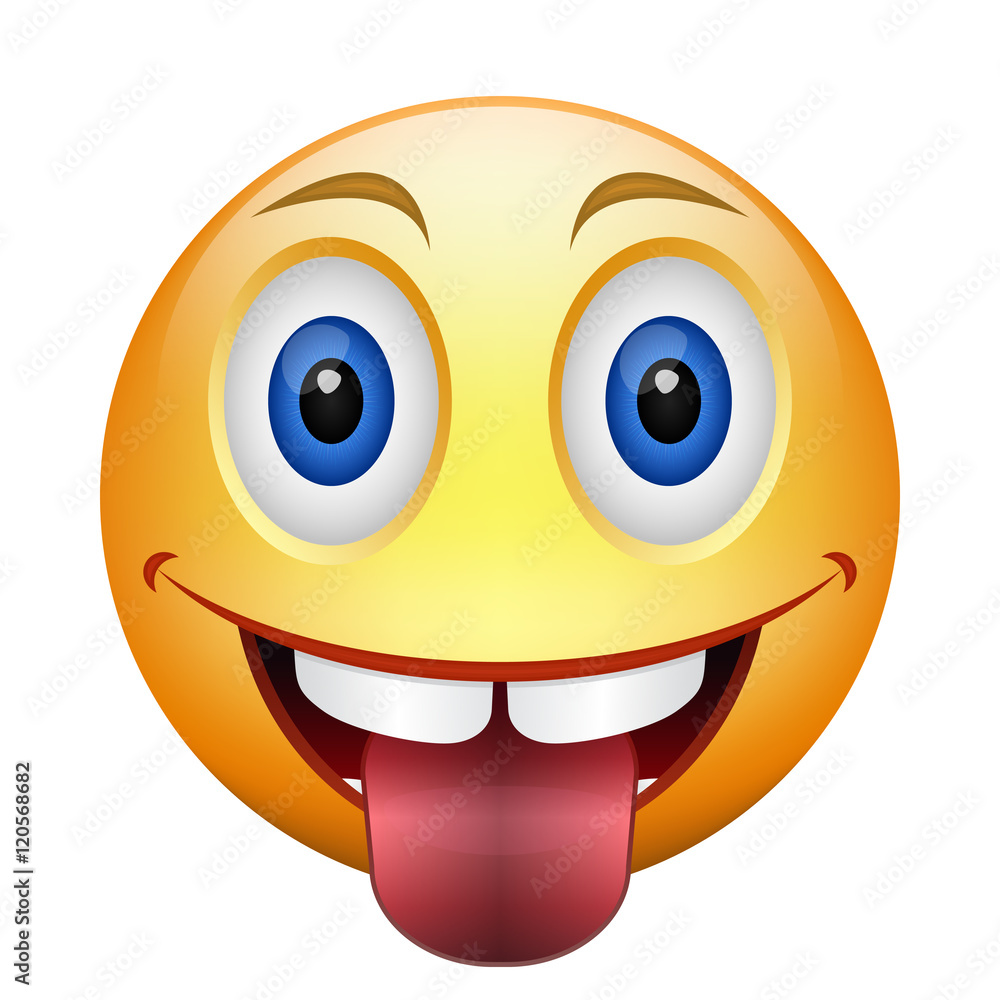 Cartoon yellow happy teased smiley with tongue and teeth. Colored cheerful emoticon illustration. Can by as avatar. Vector isolated object.
