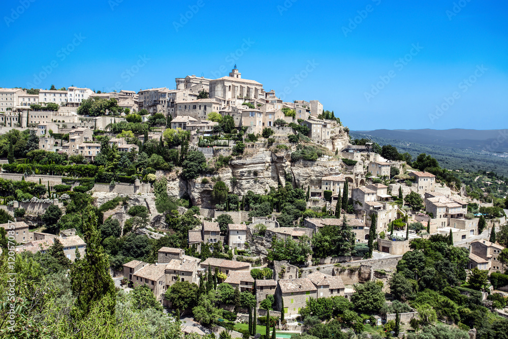 Panorama of the small medieval village of Gordes in the South of France in the Alps of Provence, Europe