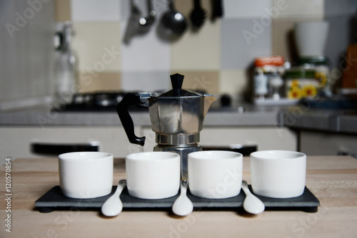modern design coffee cups and vintage coffeepot