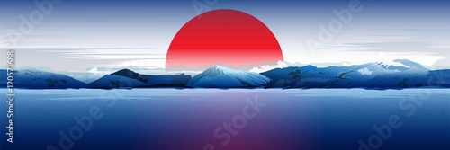 Sea, Mountains And Red Sun.